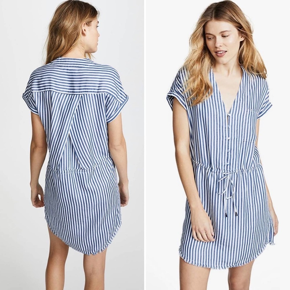 Paige Haidee Blue Stripe V-neck Button Up Drawstring Mini Dress XS